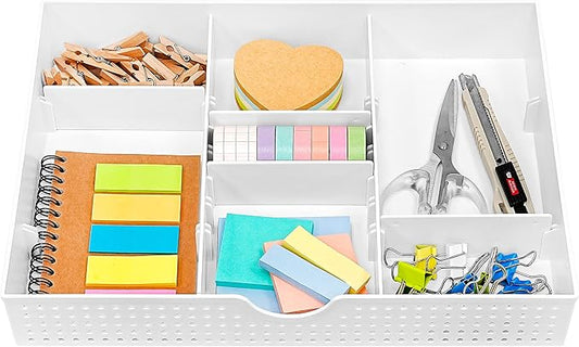 CAXXA 3 Slot Drawer Organizer with 4 Adjustable Dividers - Drawer Storage 7 Compartments Junk Drawer Organizer for Office Desk Supplies and Accessories, White
