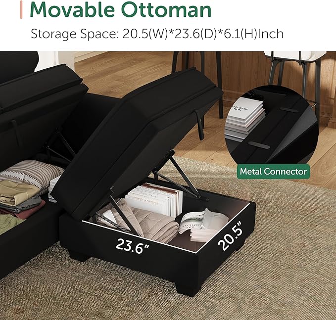 HONBAY Convertible Sectional Sofa with Storage U Shaped Sectional Couch with Reversible Chaise Small Sectional Couches for Living Room,Mid Black