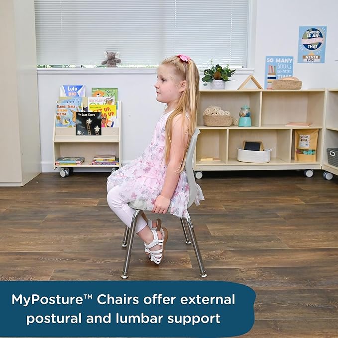 Children’s Factory MyPosture Plus 12" Chair, Gray with Chrome Legs, 2 Pack, Stackable Ergonomic Seating Solution for Classrooms and Homeschools