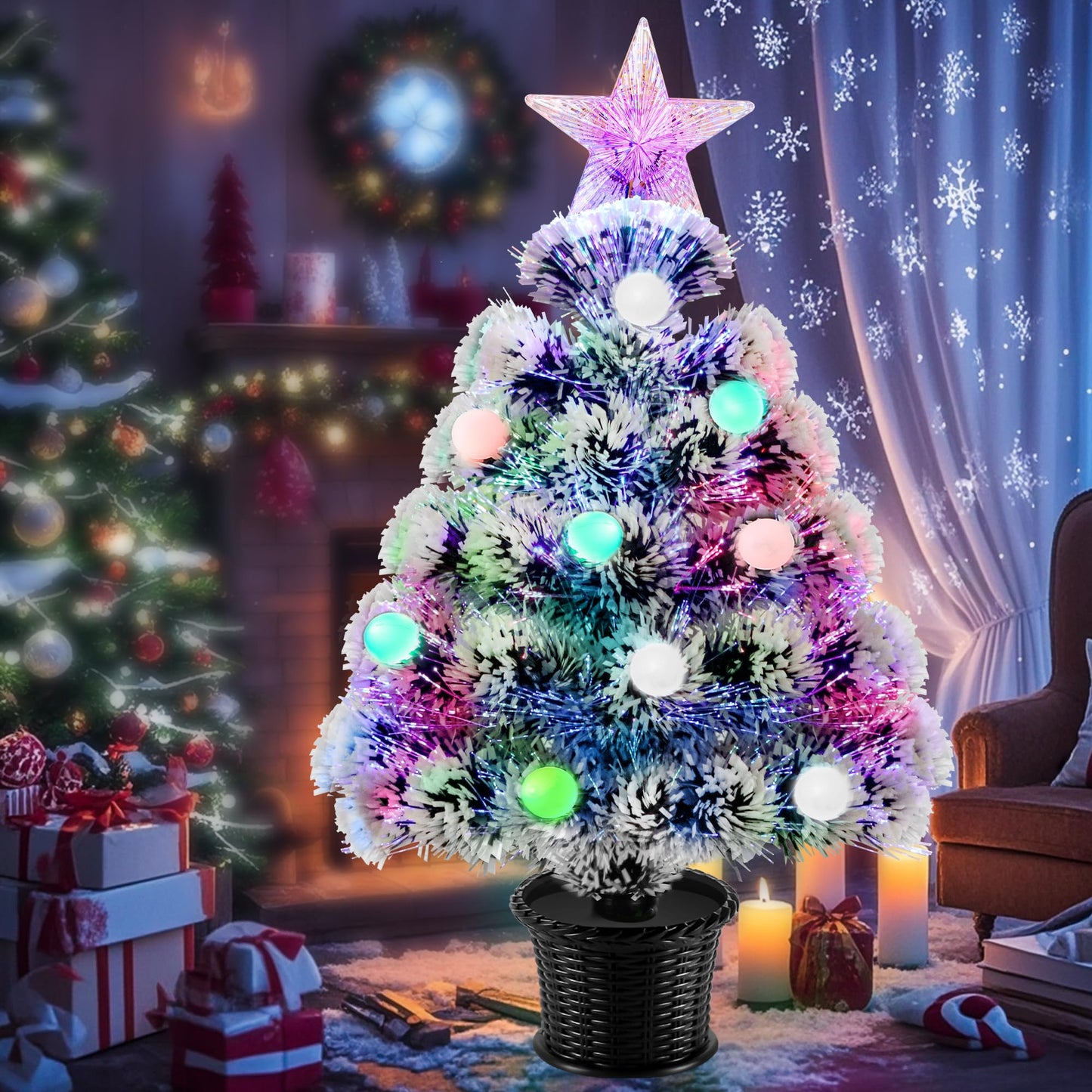 22inch Small Mini Fiber Optic Christmas Tree,Pre-lit Tabletop Artificial Xmas Trees with Balls,RGB Lights,Treetop, Battery/USB Powered White Tiny Fake Xmas Tree Decorations for Desktop,Holiday