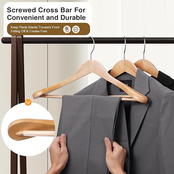 Suit Hangers 6 Pack,Wide Shoulder Wooden Hangers,Solid Wood Coat Hangers with Heavy Duty Retotating Hooks & Non Slip Pants Bar,Smooth Finish Clothes Hanger for Sweater, Pants, Jacket(Natural)
