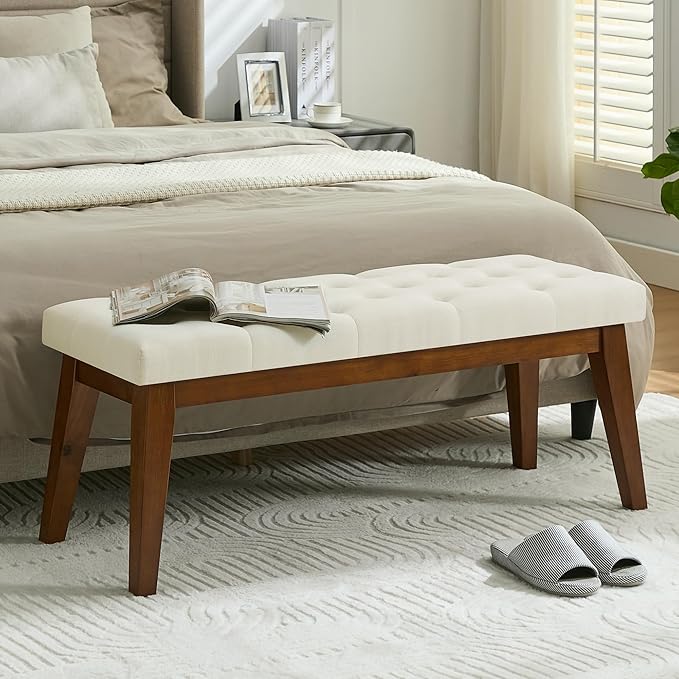 43.5'' Linen Bedroom Bench, Upholstered End of Bed Bench with Tufted Button, Padded Vintage Dining Bench, Entryway Bench with Solid Wood Legs, Kitchen, Living Room, Hallway, Beige Tufted