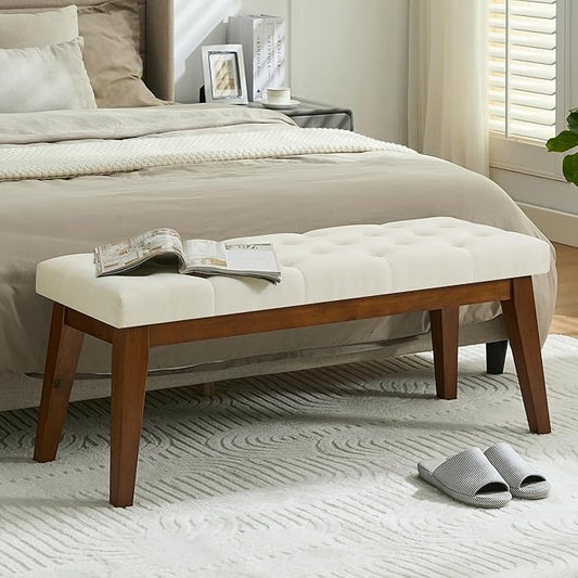 43.5'' Linen Bedroom Bench, Upholstered End of Bed Bench with Tufted Button, Padded Vintage Dining Bench, Entryway Bench with Solid Wood Legs, Kitchen, Living Room, Hallway, Beige Tufted