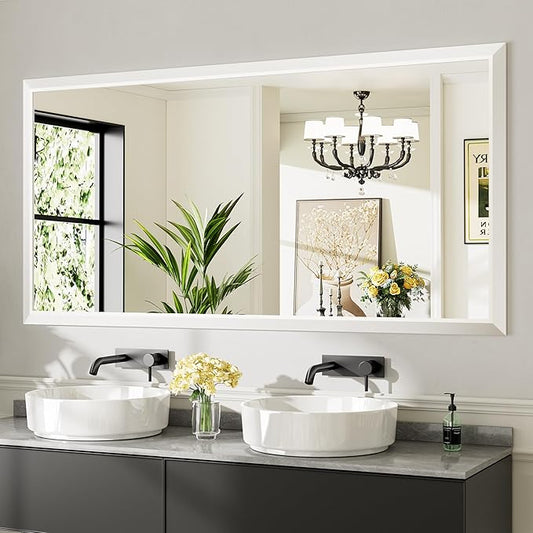 72x36 Inch White Bathroom Mirror for Wall, Thick Metal Framed Rectangle Mirrors for Over Sink, Bedroom, Living Room, Entryway, Anti-Rust, HD Tempered Glass