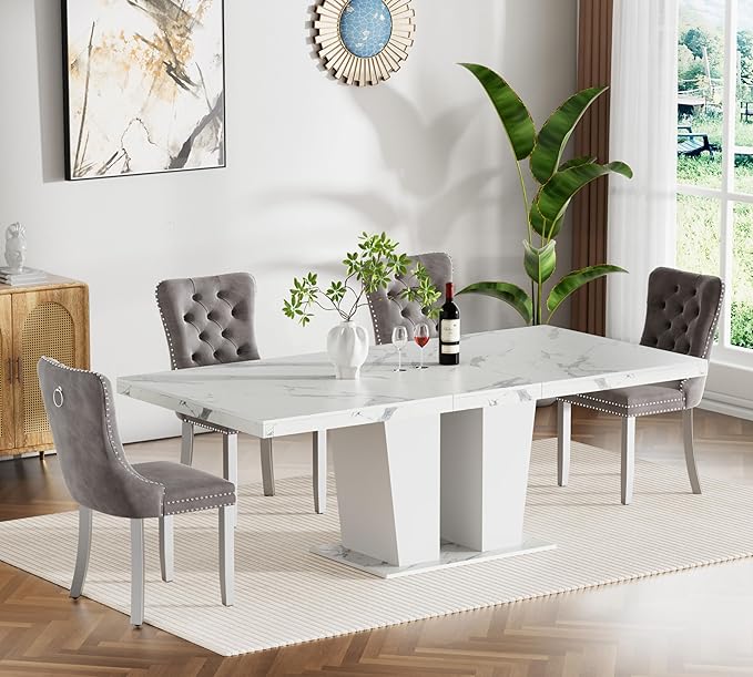Goujxcy 5-Piece Extendable Dining Table Set for 4-8 People 63-78 Inch Kitchen Table Set with 4 Grey Upholstered Chairs Modern White Faux Marble Rectangular Dining Room Table Set for Kitchen Apartment