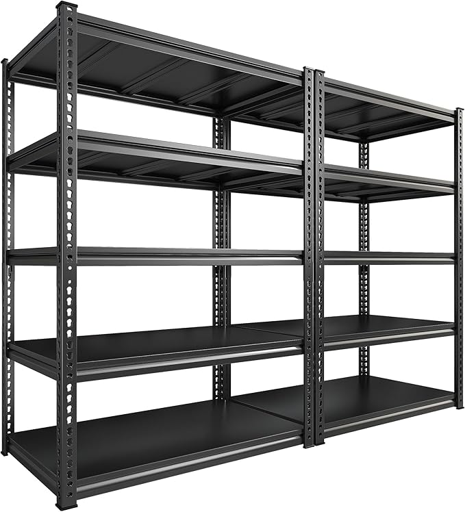 REIBII 72" H Garage Shelving Load 2500 LBS, Heavy Duty Storage Shelves, 5-Tier Adjustable Garage Shelves for Warehouse, Basement, 72" H x36 W x18 D, Black, 2 Pack