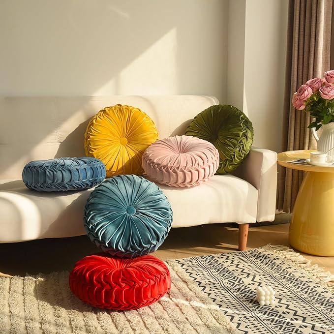 HIG Set of 2 Yellow Ruched Velvet Round Throw Pillows – 14.5’’ Decorative Pillows with Soft Polyester Filling for Couch, Bed, Living Room, Bedroom, or Dorm – Handmade, Stress Relieving, All-Season