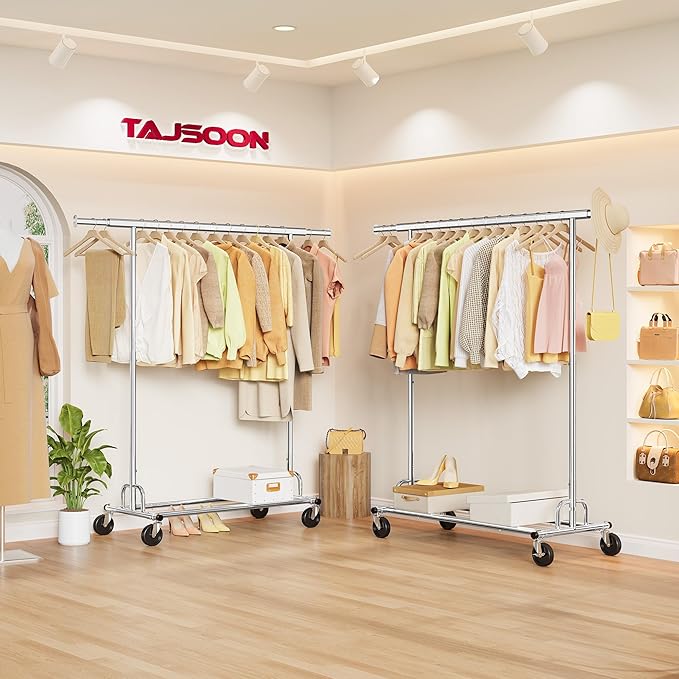 Tajsoon Clothing Rack Heavy Duty Clothes Rack Load 350 LBS, Rolling Clothes Racks for Hanging Clothes with Wheels & Extendable Rod, Collapsible Garment Rack with Bottom Shelf, Commercial, Chrome