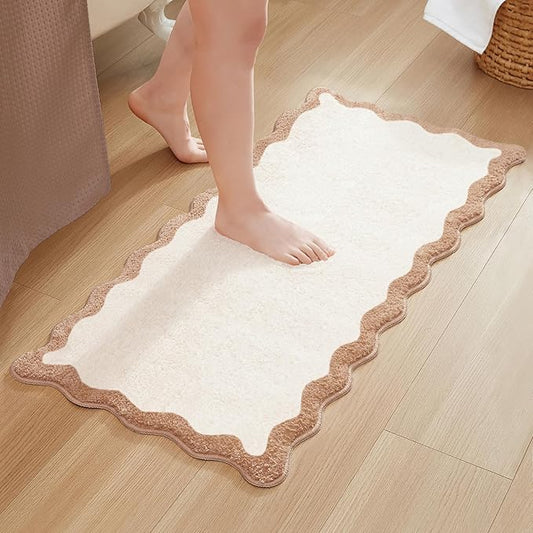 MONDAY MOOSE Bath Mat with Scalloped Wavy Ripple Design, Microfiber Absorbent Non Slip Tufted Rug for Floor, Shower or Kitchen (24x47 inch, Beige)