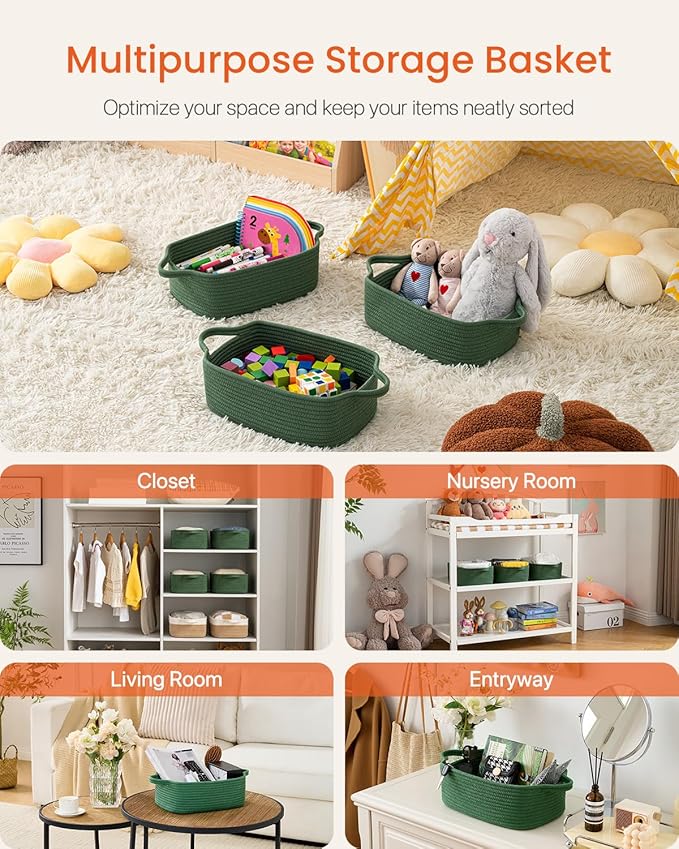KALLAX Small Woven Basket, 12 x 8 x 4.5 Inches, Small Storage Baskets for Organizing, Gift Baskets Empty, Cute Rope Shelf Closet Storage Bins for Shelves, Dog Toy Basket, Green