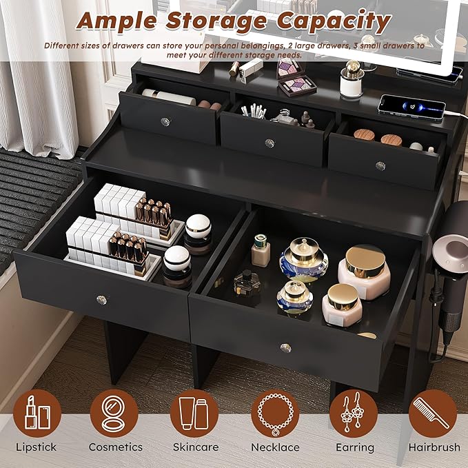 Ball & Cast Vanity Desk with Large Mirror & Power Outlet,3 Dimmable Colors Light Makeup Vanity Table Set with 5 Drawers & Chair,Adjustable Brightness Dressing Table for Women Girls Bedroom,Black