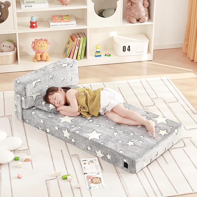 Folding Sofa Bed Floor Mattress for Kids with Pillow, Toddler Folding Floor Nap Mat for Sleeping, Child Fold Up Sofa Futon Folding Floor Lounger Chair Bed with Storage Bag
