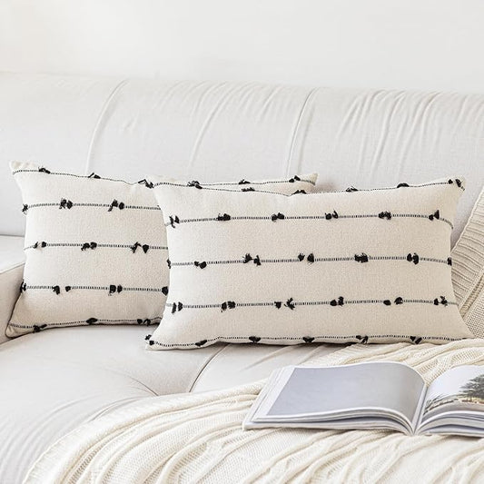 Boho Throw Pillow Covers 12x20 Set of 2 Modern Farmhouse Decorative Cushion Case Tufted Square Pillows Cover Neutral Pillow Cases Accent Pillowcase for Sofa,Couch,Bed,Beige and Black