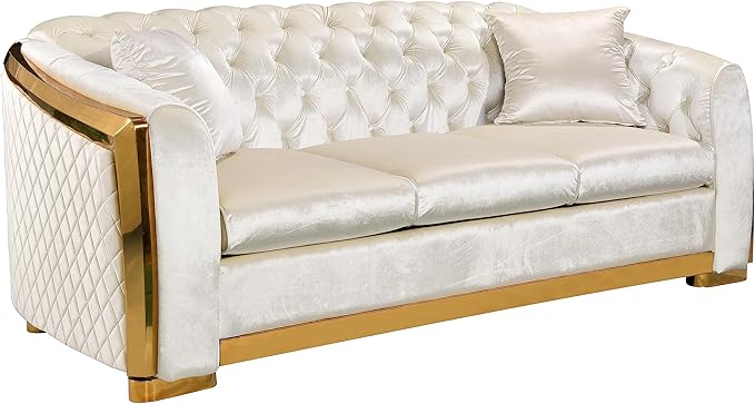 KEIKI 81" Luxury Oversized Velvet Chesterfield Sofa with Gold Stainless Decoration, Mid-Century Style 3-Seater Couch with Tufted Back and Rolled Arms, Easy Assembly, for Apartment, Living Room, Beige