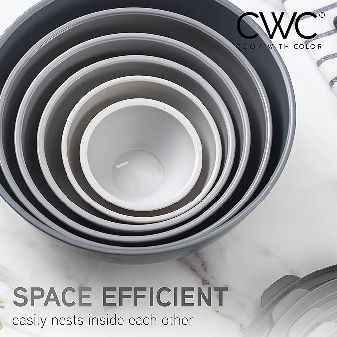 COOK WITH COLOR Mixing Bowls Set with TPR Lids - 12 Piece Plastic Nesting Bowls Set includes 6 Prep Bowls and 6 Lids, Microwave Safe (Grey)