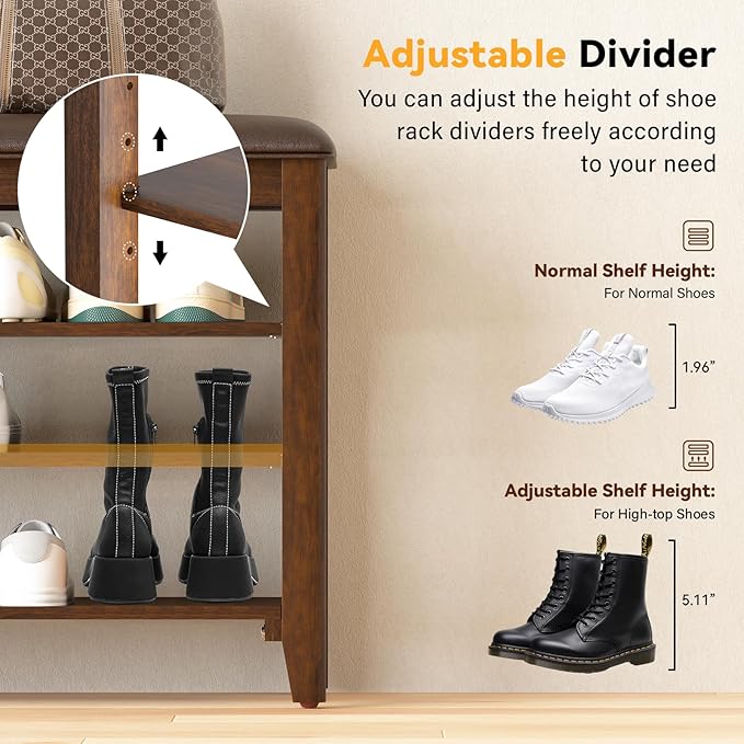 Shoe Bench Storage Rubberwood with Leather Cushion for Entryway Bench Ideal for Hallways Shoe Rack Front Doors Entrances Mudrooms Featuring 3 Height-Adjustable and Removable Shelves