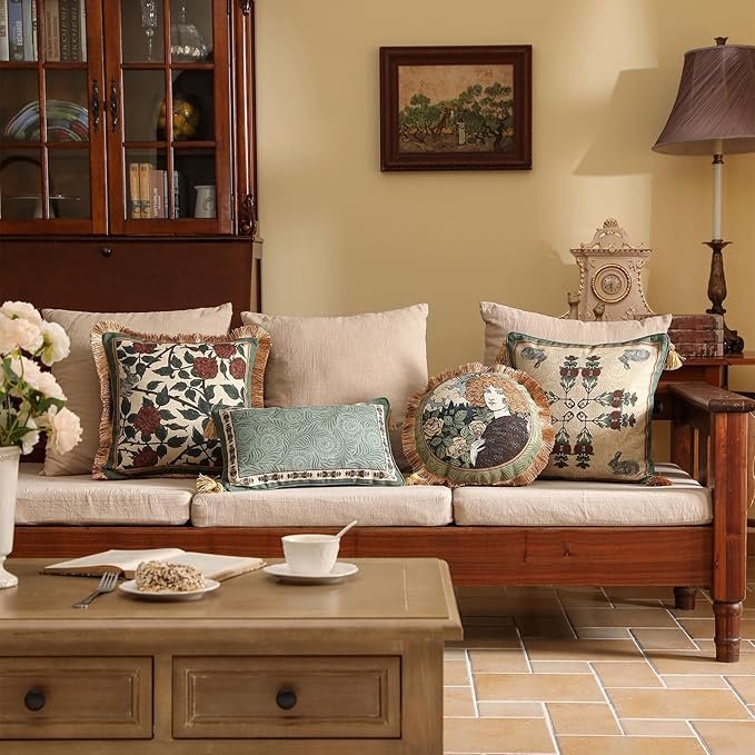 patdrea Designer Throw Pillow Covers Set of 2,French Elegant Green Linen with Curly Grass and Floral Pattern Pillow Covers,Decorative Lumbar Pillowcases Cushion for Bed Living Room Outdoor,12"x20"