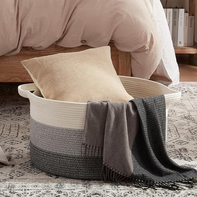 OIAHOMY Extra Large Storage Basket, 24" x 15" Woven Blanket Storage for Living Room, Round Laundry Basket for Pillow - Gradient Grey