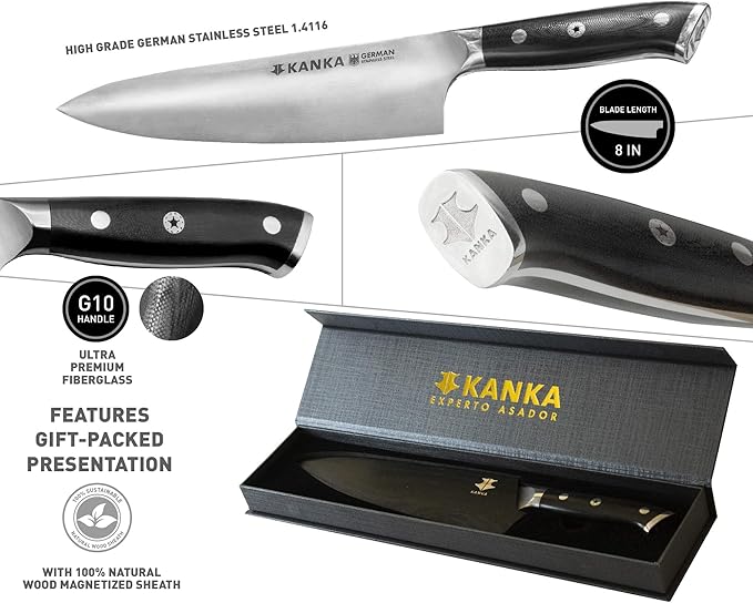KANKA Professional 8 inch Chef Knife – High Grade 1.4116 Stainless Steel, Ultra-Premium G-10 Fiberglass Handle, Premium Wood Sheath Included – Essential Kitchen Knife for Chefs