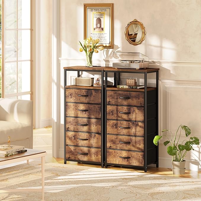 Huuger 5 Drawers Dresser with Charging Station, Dresser for Bedroom, Tall Night Stand, Chest of Drawers with Open Shelf, Bedside Table Nightstand, Fabric, for Entryway, Rustic Brown