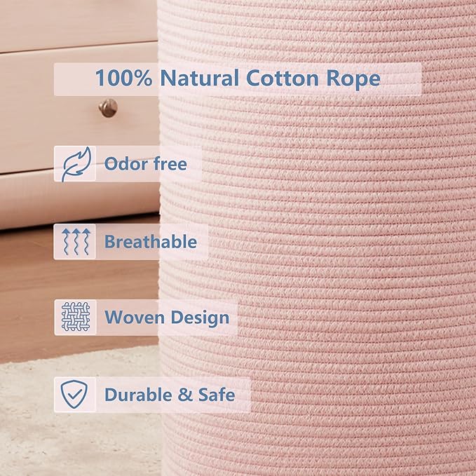 15Dx20H inches Large Pink Hamper Laundry Basket for Baby Kids Woven Rope Nursery Hamper for Girls Room Bedroom Kawaii Laundry Bin 60L Capacity