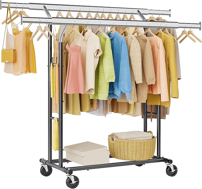 Tajsoon Double Rod Clothes Rack Load 480 LBS, Heavy Duty Rolling Garment Rack with Wheels, Collapsible Clothing Rack for Hanging Clothes, Commercial Adjustable Clothes Rack with Shelf, Black