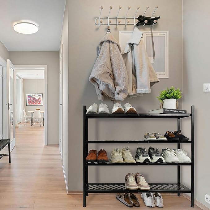 Shoe Rack - Metal Shoe Organizer 2 Tier Shoes Shelf Storage, 35 Inches Stackable Long Show Stand Holder for Closet, Entryway, Garage, Floor, Door Entrance, Black