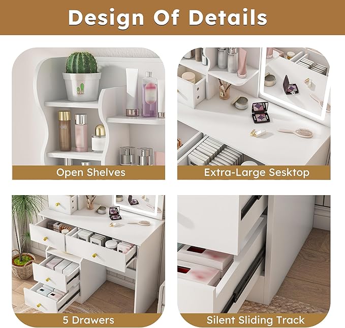 Casaphoria White Makeup Vanity Desk with Hidden Mirror, 31.5 Inch Dressing Table with 5 Drawers, 3 Color Adjustable LED Lights, No Stool Included