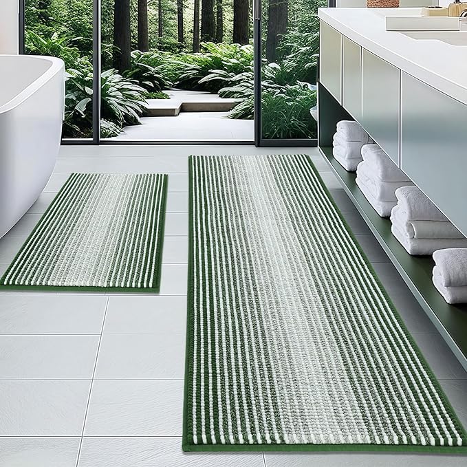 Bathroom Rugs and Mats Sets, 2 Piece Thick Absorbent Chenille Bath Mat Rug Set Non Slip, Soft Shaggy Bath Room Floor Mats for Bathroom, Machine Washable (Hunter Green, 24" x 70" Plus 20" x 32")