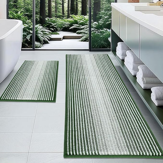 Bathroom Rugs and Mats Sets, 2 Piece Thick Absorbent Chenille Bath Mat Rug Set Non Slip, Soft Shaggy Bath Room Floor Mats for Bathroom, Machine Washable (Hunter Green, 24" x 70" Plus 20" x 32")