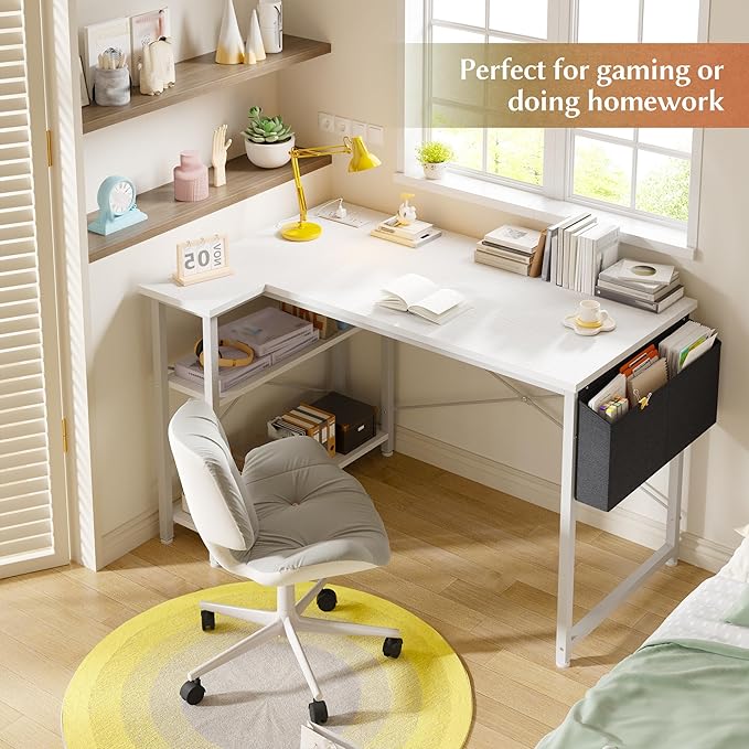 EnHomee Small Computer Desk with Storage Shelves & Side Bag, 40 Inch L Shaped Gaming Desk with Power Outlets, Corner Desk Study Writing Table for Home Office Bedroom Living Room, White