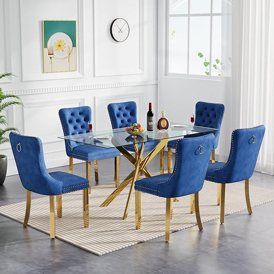 Goujxcy Glass Dining Table Set for 6, Modern Kitchen Table and Chairs Set of 6, 7-Piece Kitchen Dining Room Table Set w/51 Glass Gold Dining Table and 6 Blue Velvet Upholstered Chairs