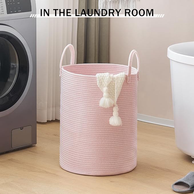 Woven Rope Laundry Hamper, 58L Tall Luandry Basket, Baby Nursery Hamper for Blanket Storage in Bedroom-Large-Pink