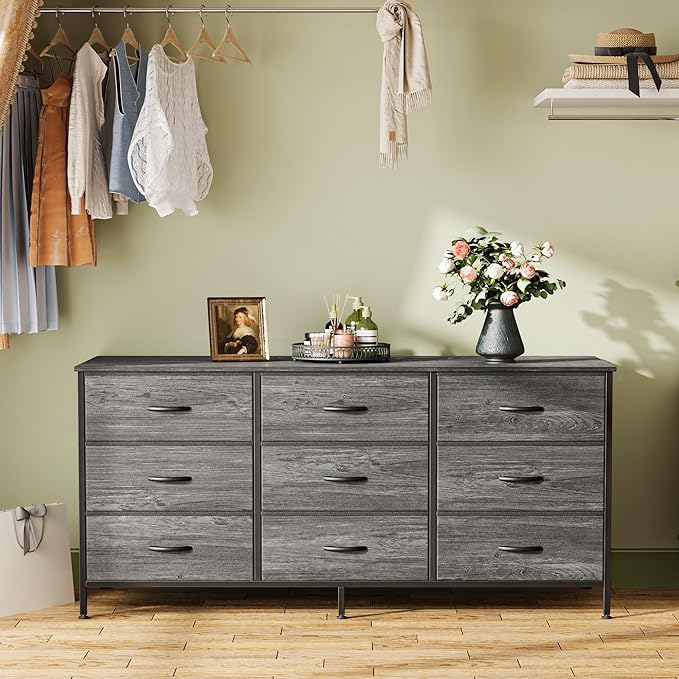 Huuger 9 Drawer Dresser for Bedroom, 47 Inch Dresser TV Stand for 50, 55 Inch TV, Entertainment Center with Drawers, Fabric Drawer with Storage, Closet, Grey