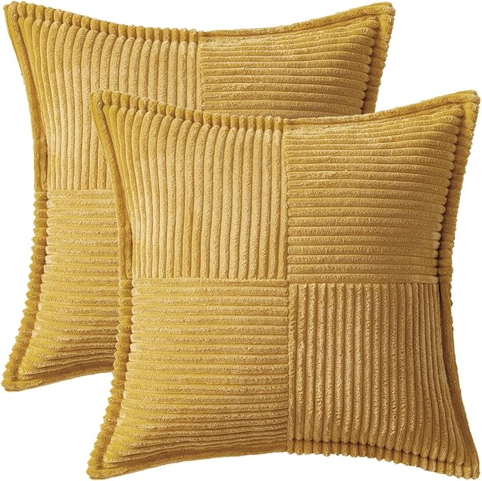 MIULEE Decorative Throw Pillow Covers for Couch Bed Livingroom 18x18 Inch Set of 2 Gold Boho Accent Throw Pllows Broadside Striped Patchwork Soft Corduroy Summer Pillowcases