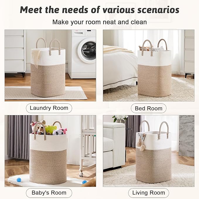 Laundry Basket,Woven Cotton Rope Laundry Hamper,Versatile Storage for Dirty Clothes,Baby Toys,and Blankets in Bathroom, Nursery,and Living Room (Brown, 100L)