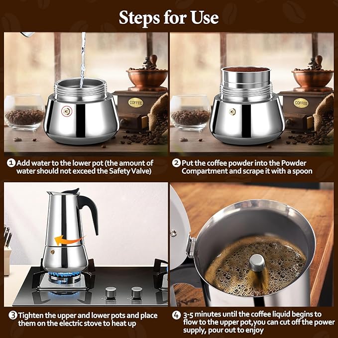 6 Cup Moka Pot Percolator Italian Coffee Maker 300ml Stovetop Espresso Mocha Stainless Steel Greca Coffee Maker Classic Cafe Makers Suitable for Induction Cookers Ceramic Stoves Tummy