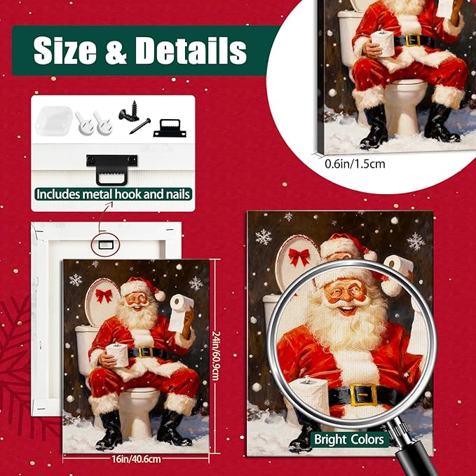 Vintage Humorous Santa Christmas Wall Art - Comical Canvas Print for Bathroom Decor, Ready to Hang Framed Picture, Perfect Funny Christmas Gifts & Quirky Holiday Decorations