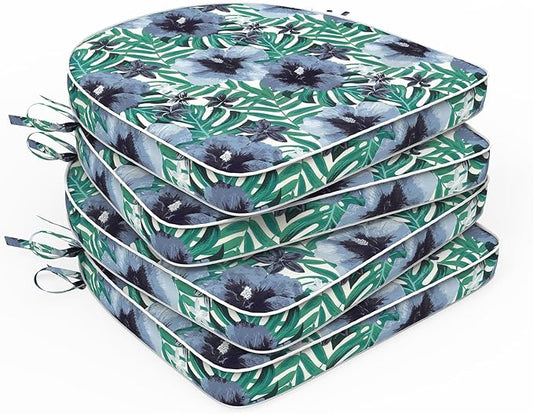 Set of 4 Outdoor Chair Cushions 19"x19"x2",Water Repellent Dining Seat Cushion with Ties and Removable Covers, Chair Cushions for Indoor and Patio Furniture, Blue Salmone Tropical