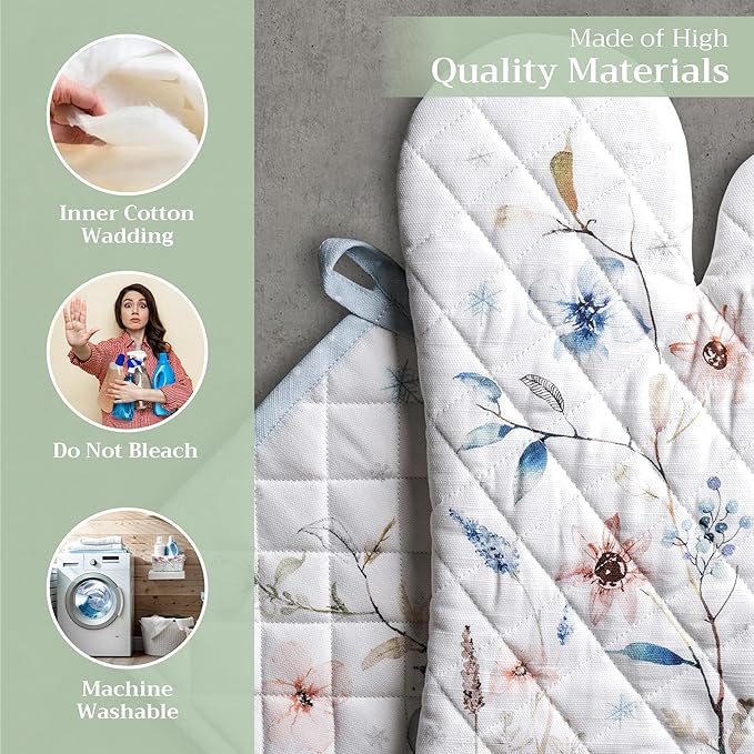 Maison d' Hermine 100% Cotton Oven Mitt & Pot Holder Set (7.5"x13" & 8"x8") Heat Resistant BBQ Cooking Gloves with Loop for Thanksgiving Christmas Decorations Handling Hot Pans (Ice Florals)