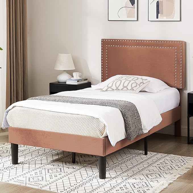 VECELO Platform Bed Frame Twin Size with Adjustable Upholstered Headboard, Strong Wood Slat Support, No Box Spring Needed, Easy Assembly