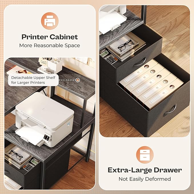 PRAISUN 66 Inch L Shaped Computer Desk with Power Outlets and LED Lights, Home Office Desk with Fabric Drawers and Print Stand, L Shape or Long Set up, Monitor Stand, Mesh CPU Stand, Grey