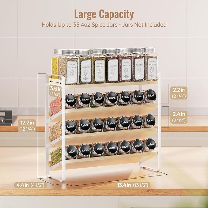 MUDEELA 4 Tier Spice Rack Organizer for Cabinet, Vertical Spice Shelf, Wooden Material, Seasoning Organizer for Countertop, Kitchen, Pantry, Freestanding, 13.4" W × 11.2" H (No Jars Included), White
