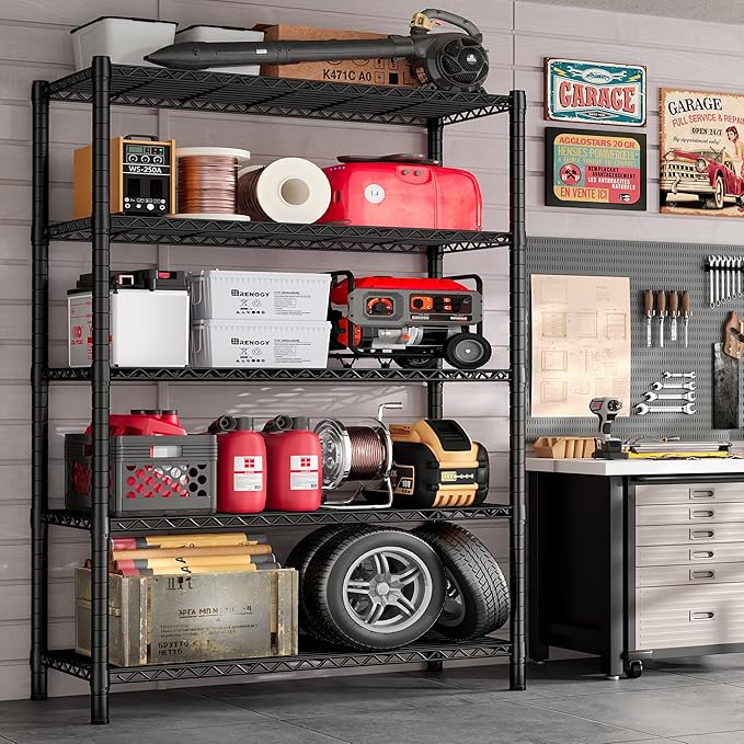 REIBII 76''H Wire Shelving Loads 1980LBS with 25mm Pipe Diameter,Storage Shelves with Wheels Metal Shelves for Storage, 5 Tier Adjustable Garage Shelving Heavy Duty Storage Rack,76''HX36''WX16''D