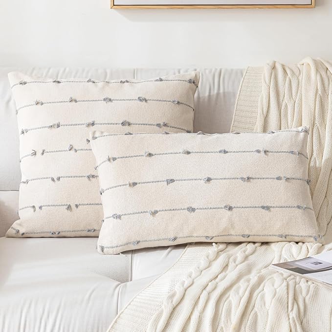 Boho Throw Pillow Covers 12x20 Set of 2 Modern Farmhouse Decorative Cushion Case Tufted Linen Square Pillows Cover Neutral Pillow Cases Accent Pillowcase for Sofa,Couch,Bed,Beige and Grey