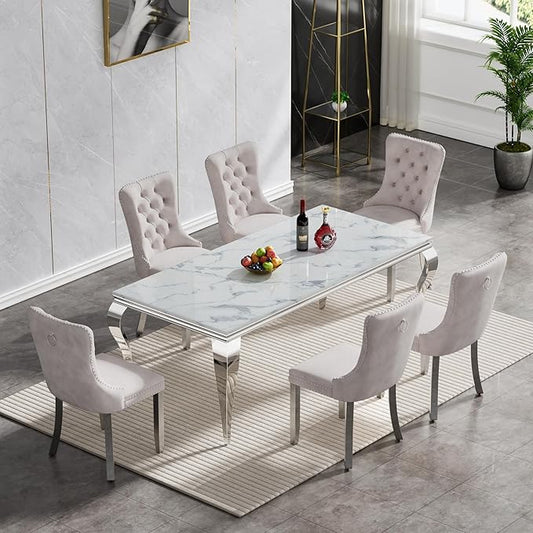 Goujxcy 70" Marble Dining Table Set for 6, Modern 7 Piece Dining Room Table Set with White Faux Marble Dining Table & 6 Beige Velvet Upholstered Chairs, Luxury Silver Kitchen Table Chairs Set of 6