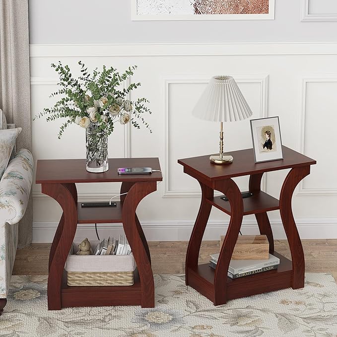 End Table with Charging Station, Side Table with USB Ports and Outlets, 3 Tier Nightstand Sofa Table for Small Spaces, Beside Table with Storage Shelf for Living Room, Bedroom