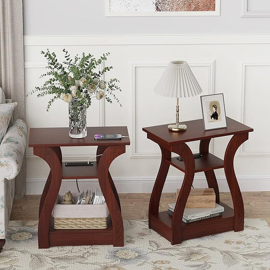 End Table with Charging Station, Side Table with USB Ports and Outlets, 3 Tier Nightstand Sofa Table for Small Spaces, Beside Table with Storage Shelf for Living Room, Bedroom