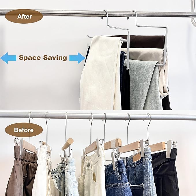 Pants Hangers 4 Pack, Multi Hangers for Pants and Jean 3 Tier Non Slip Metal Pants Hangers Space Saving, Clothes Closet Storage Organizer for Pants Jeans Skirts Tie Trousers Scarf
