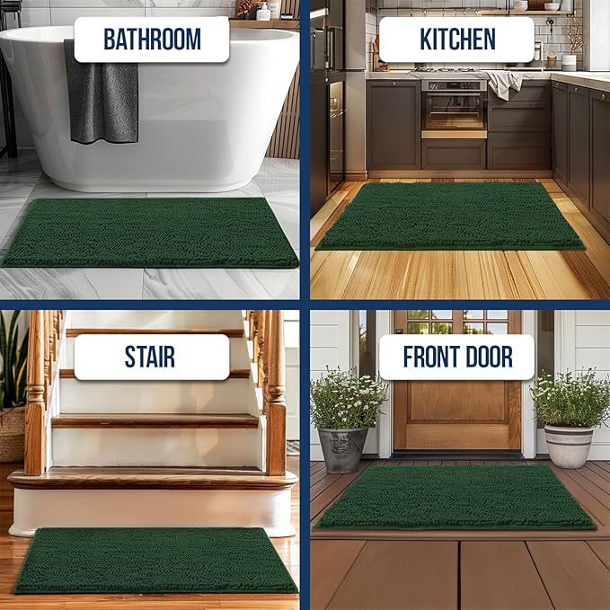 Muddy Mat Chenille Bathroom Rugs Quick Dry Microfiber Mats Non Slip Washable, Extra Thick, Soft and Highly Absorbent Bath Mats for Bathroom, Kitchen, and Shower Floor - Dark Green XL 59"X35"